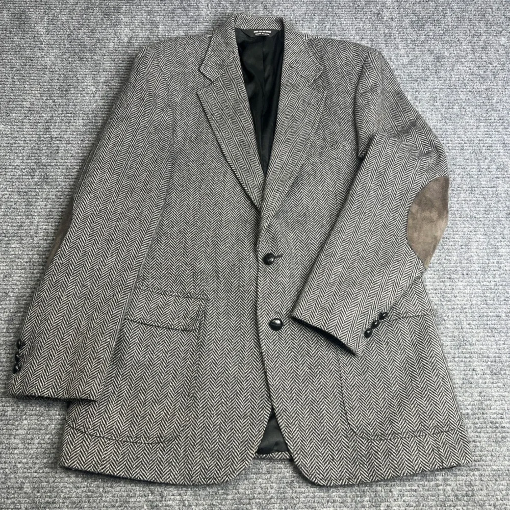 Vintage John Alexander Foleys Herringbone Wool Blazer Gray Elbow Patches USA 41R